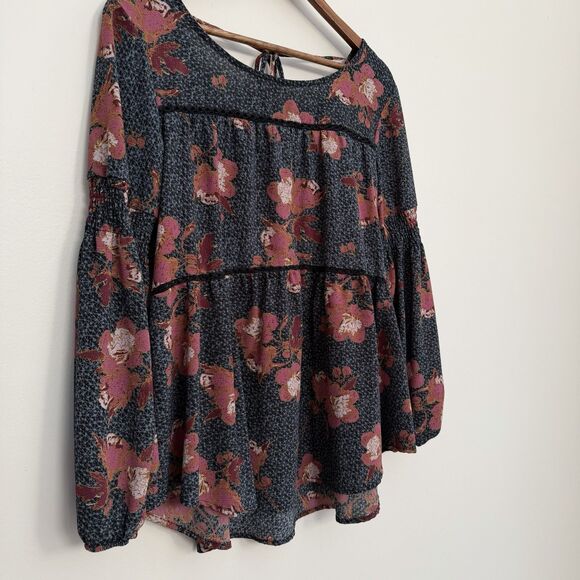 Knox Rose Floral Peasant Blouse Large Boho Tassel Tie Long Sleeve - Picture 2 of 9